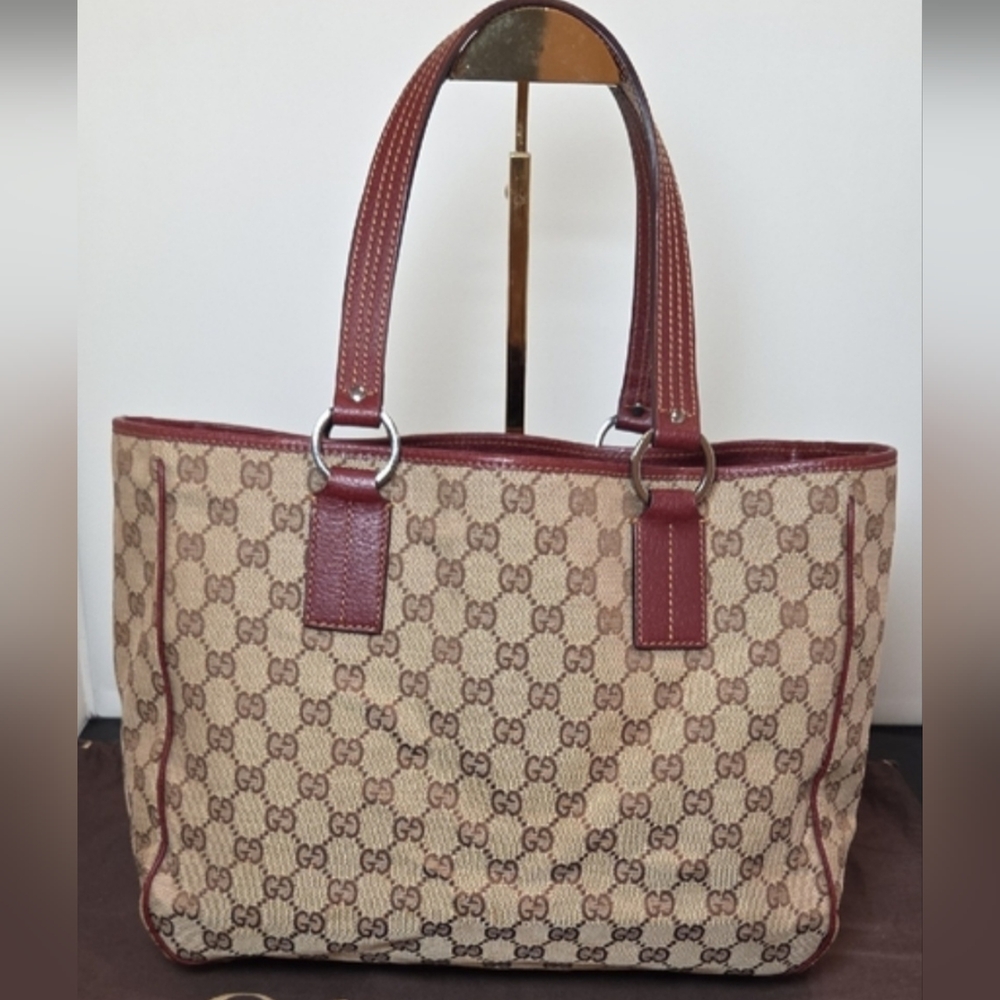 GUCCI 2005 Coated Canvas/Leather Equestrian structured Open Tote Bag Bordeaux - Picture 3 of 17